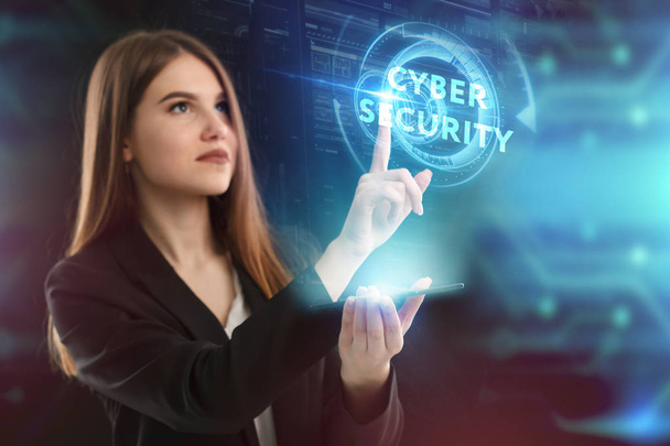 The concept of business, technology, the Internet and the network. A young entrepreneur working on a virtual screen of the future and sees the inscription: Cyber security - Photo, image