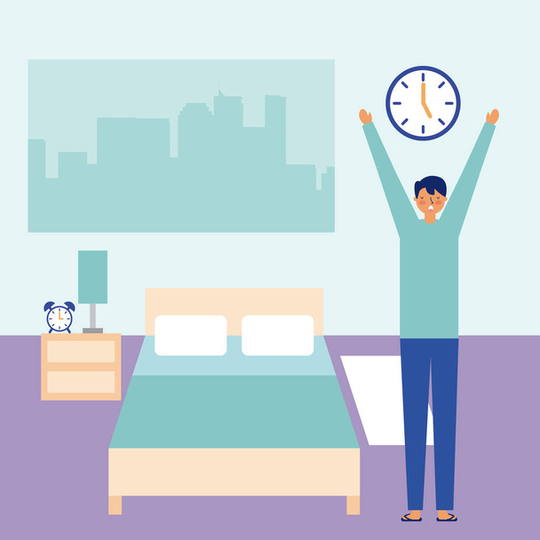 man stretching waking up in the room - Vector, Image