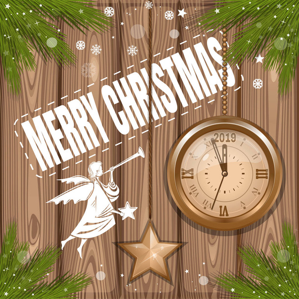 Sfondo di Natale 2019. Biglietto d'auguri con angelo di Natale e orologio antico su sfondo ligneo. Illustrazione vettoriale
 - Vettoriali, immagini