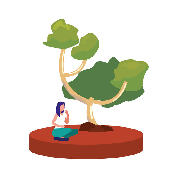 女性の木の近くのヨガ - ベクター画像
