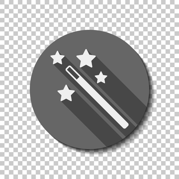 Kouzelná hůlka s hvězdami. jednoduchá silueta. Bílá plochá ikona s dlouhý stín v kruhu na průhledném pozadí - Vektor, obrázek