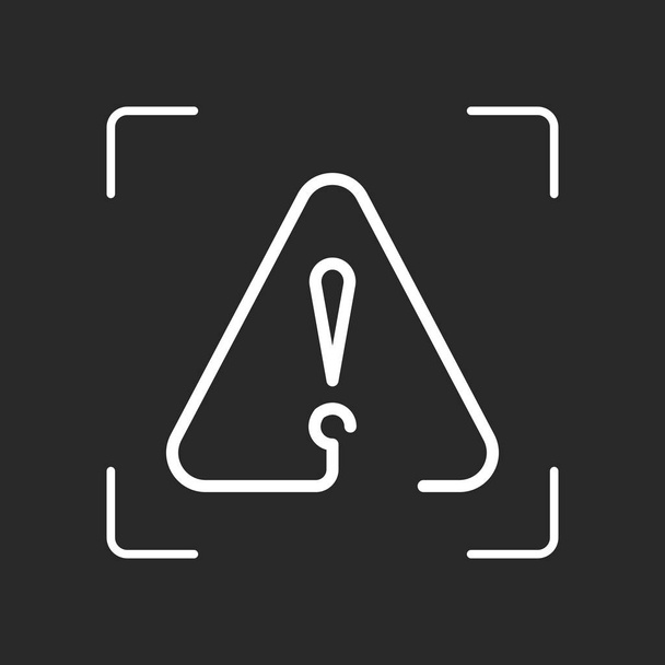 exclamation mark in warning triangle. linear symbol with thin outline. one line style. simple icon. White object in camera autofocus on dark background - Vector, Image