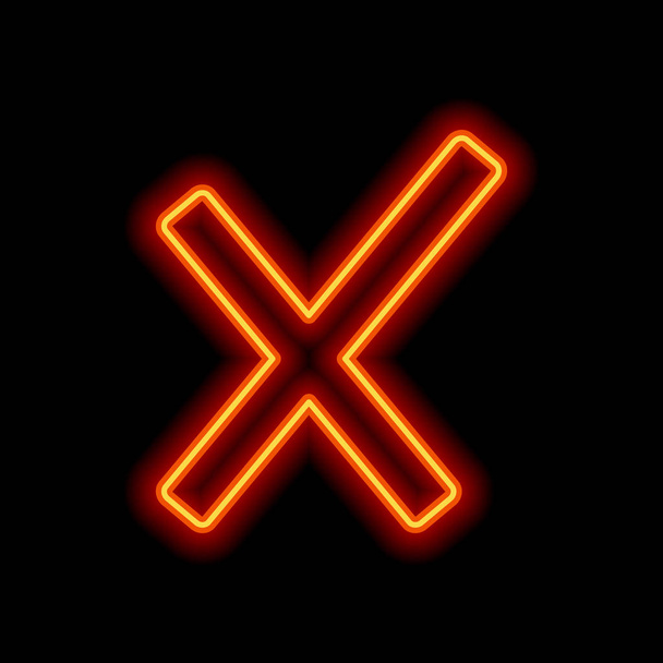 Wrong mark icon. Orange neon style on black background. Light icon - Vector, Image