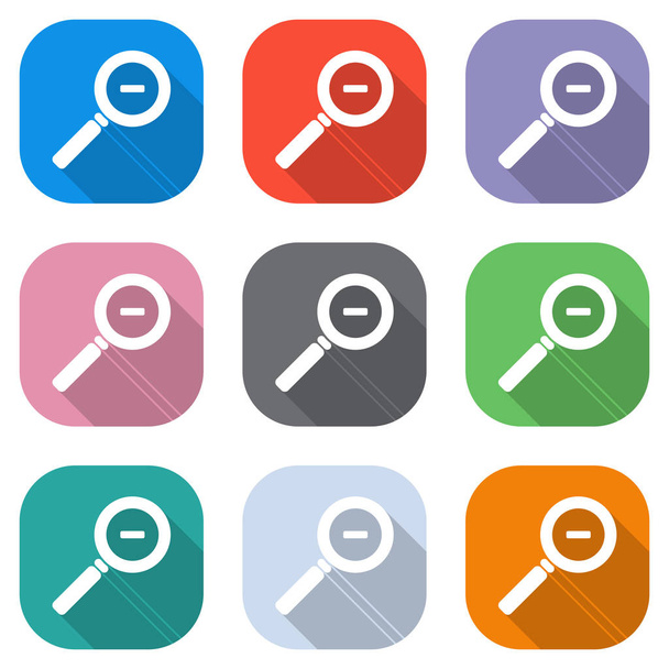 Zoom hacia fuera icono. Conjunto de iconos blancos en cuadrados de colores para aplicaciones. Inconsútil y patrón para cartel
 - Vector, imagen