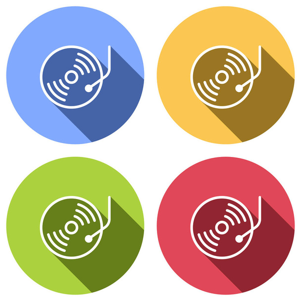 Retro vinil, platenspeler, cd-speler. Set van witte iconen met lange schaduw op blauw, oranje, groen en rood gekleurde cirkels. Sticker stijl - Vector, afbeelding