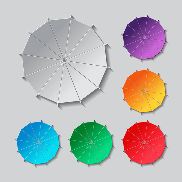 Regenschirm-Symbol gesetzt. Papiergestaltung mit farbigen Objekten - Vektor, Bild