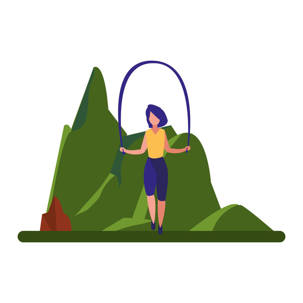 женщина прыгает через верёвку возле дерева
 - Вектор,изображение