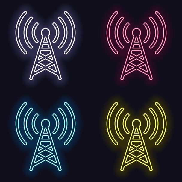 Radio tower icon. Linear style. Set of neon sign. Casino style on dark background. Seamless pattern - Vector, Image