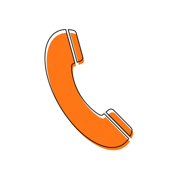 Значок телефонного приемника. Изолированная иконка, состоящая из черно-тонкого контура и оранжевого перемещения заливки на разных слоях. Белый фон
 - Вектор,изображение