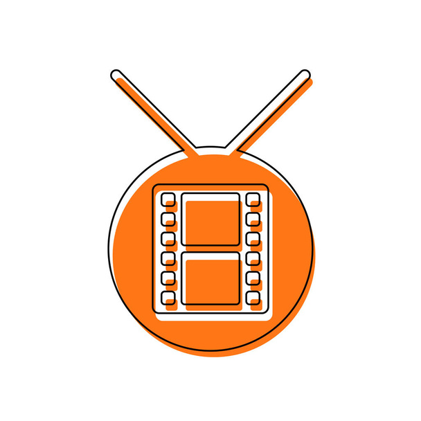 cirkel tv met strip filmpictogram. Geïsoleerde pictogram bestaande uit zwarte dunne contour en oranje verplaatst vullen op verschillende lagen. Witte achtergrond - Vector, afbeelding