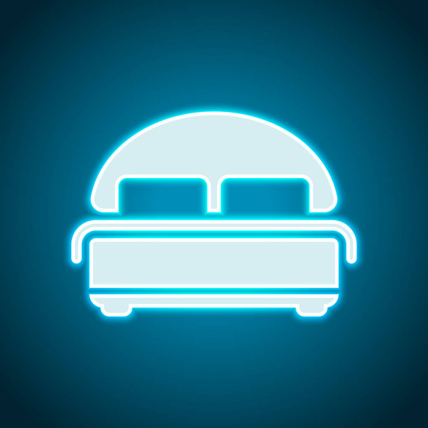 Silhouette of double bed. Double hotel room. Neon style. Light decoration icon. Bright electric symbol - Vector, Image