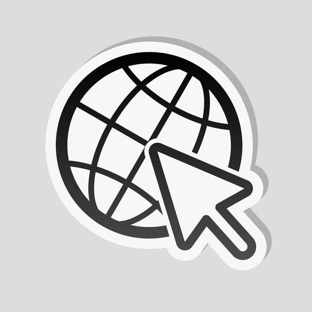 Globus und Pfeil-Symbol. Sticker-Stil mit weißem Rand und schlichtem Schatten auf grauem Hintergrund - Vektor, Bild