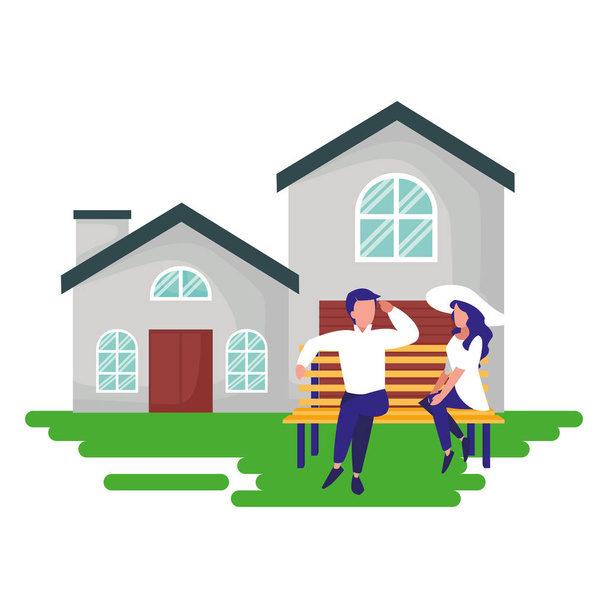 couple sitting on the bench in front of the house - Vector, Image