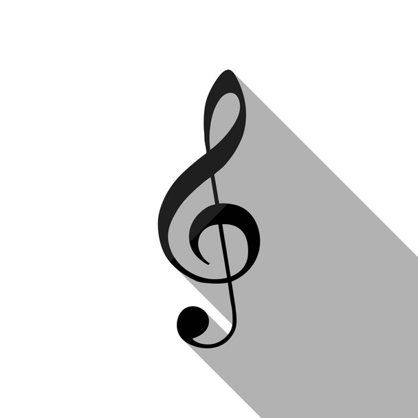 Simple icon of treble key. Black object with long shadow on white background - Vector, Image