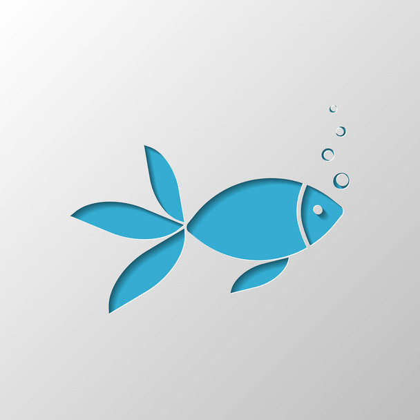 Fish with bubbles icon. Paper design. Cutted symbol with shadow - Vecteur, image