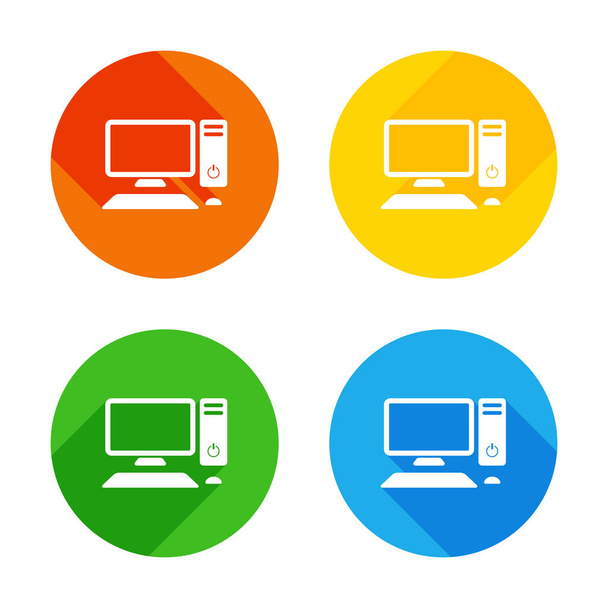 Personal computer, pc. System unit, monitor, keyboard and mouse. Flat white icon on colored circles background. Four different long shadows in each corners - Vector, Image