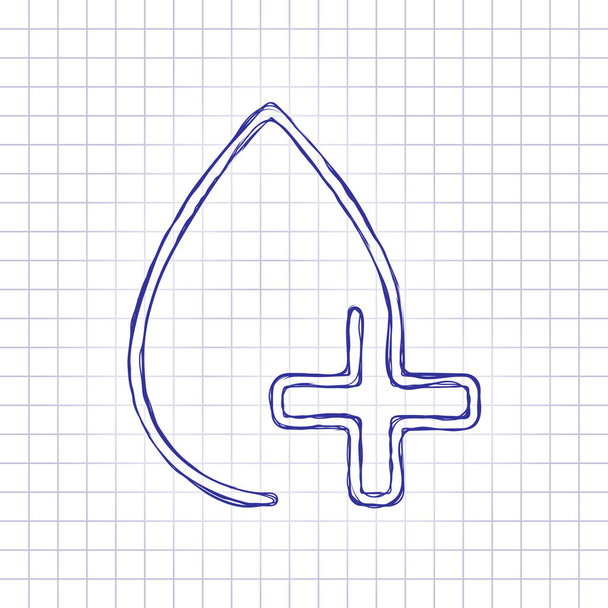 drop of blood and medical cross. linear symbol with thin outline. one line style. Hand drawn picture on paper sheet. Blue ink, outline sketch style. Doodle on checkered background - Vector, Image