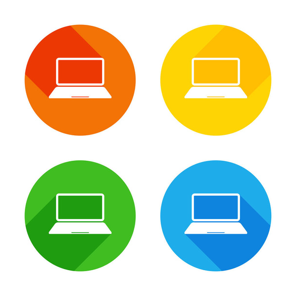 Laptop vagy notebook számítógép ikonra. Lapos fehér háttér színes körök ikonra. Négy különböző hosszú árnyékok minden sarkok - Vektor, kép