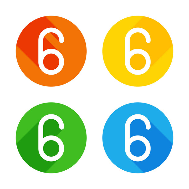 番号 6、数字、簡単な手紙。背景色のついた丸の平らな白いアイコンを。各コーナーに 4 つの異なる長い影 - ベクター画像