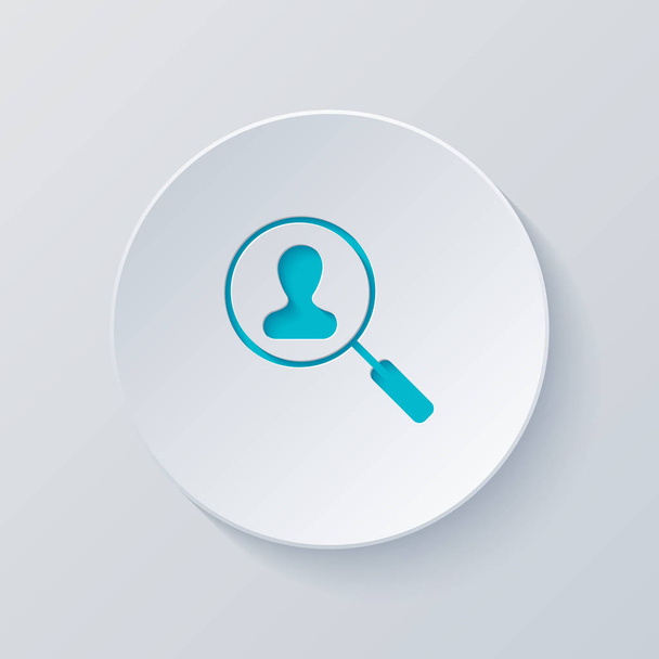 Human resource icon. person symbol in magnifying glass. Search profile. Cut circle with gray and blue layers. Paper style - Vector, Image