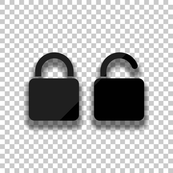 Lock and unlock Icon. Black glass icon with soft shadow on transparent background - Vector, Image