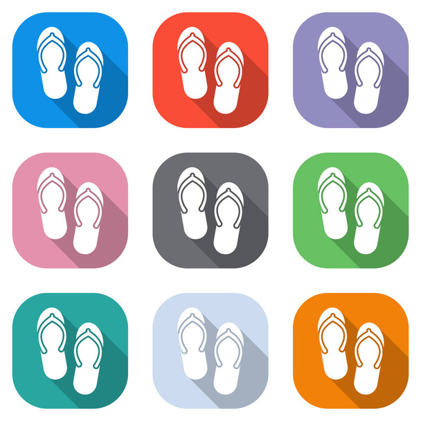 Pantofole da spiaggia. Icona delle infradito. Set di icone bianche su quadrati colorati per applicazioni. Senza soluzione di continuità e modello per poster
 - Vettoriali, immagini