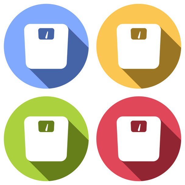 silueta de pesos, símbolo simple. Conjunto de iconos blancos con sombra larga en círculos de color azul, naranja, verde y rojo. Estilo de etiqueta engomada
 - Vector, Imagen