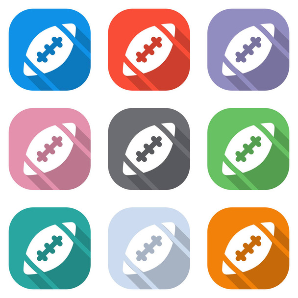 Logotipo do futebol americano. Ícone de bola de rugby simples. Conjunto de ícones brancos em quadrados coloridos para aplicações. Sem costura e padrão para cartaz
 - Vetor, Imagem