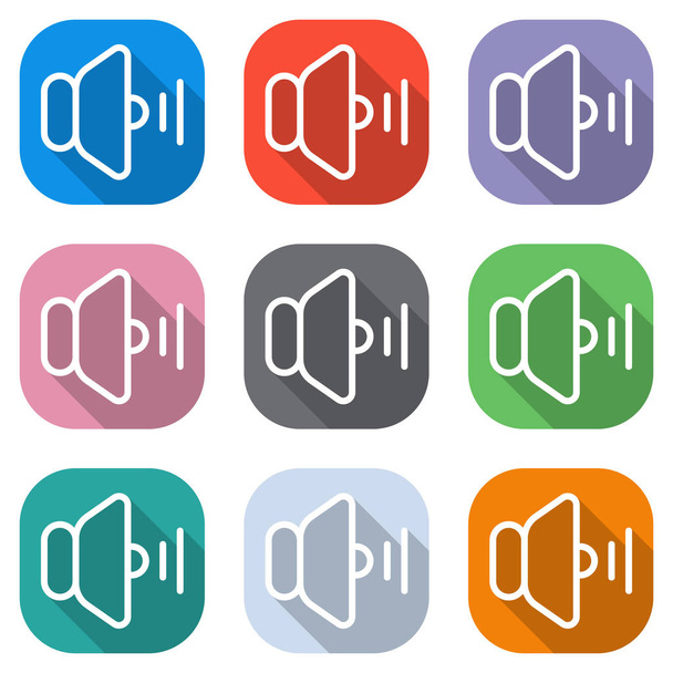 Volume Medium Icon. Satz weißer Symbole auf farbigen Quadraten für Anwendungen. nahtlos und Muster für Plakate - Vektor, Bild