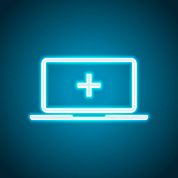Laptop of notebook computer met medische kruis op het scherm. Eenvoudige pictogram. Neon stijl. Lichte decoratie pictogram. Lichte elektrische symbool - Vector, afbeelding