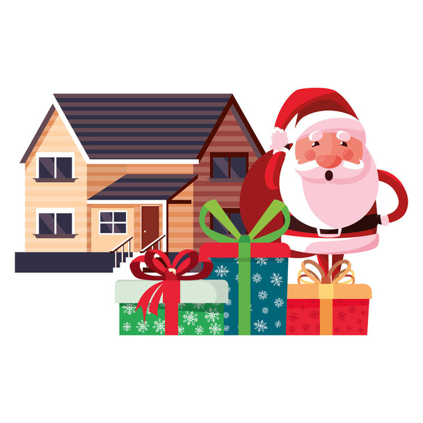 Weihnachten Weihnachtsmann mit Tasche Geschenke Haus - Vektor, Bild