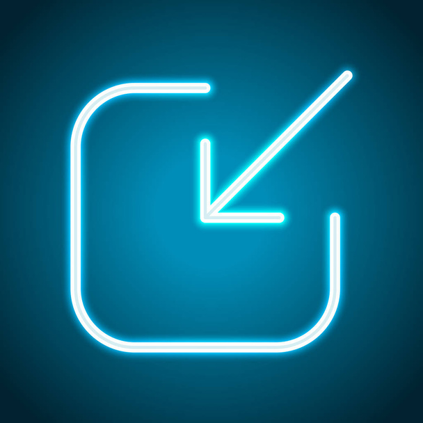 Share, login or download. Diagonal arrow into square. Neon style. Light decoration icon. Bright electric symbol - Vector, Image