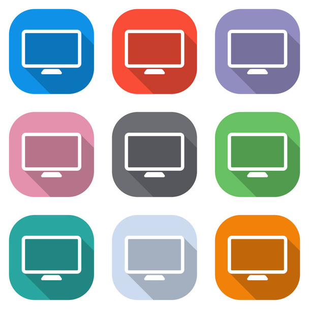 Computer monitor or modern TV. Simple icon. Set of white icons on colored squares for applications. Seamless and pattern for poster - Vector, Image