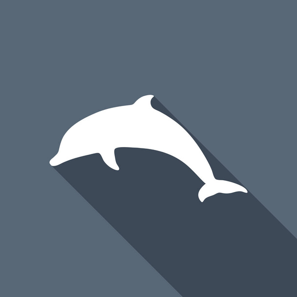 σιλουέτα του δελφινιού. Λευκή επίπεδη εικονίδιο με μεγάλη σκιά σε φόντο - Διάνυσμα, εικόνα