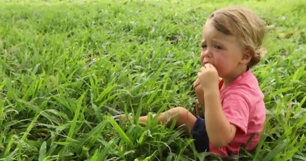 Junge sitzt draußen im Gras - Filmmaterial, Video