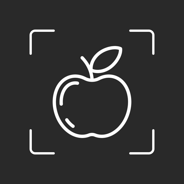 Icono de manzana simple. Silueta de contorno. Objeto blanco en el enfoque automático de la cámara sobre fondo oscuro
 - Vector, Imagen