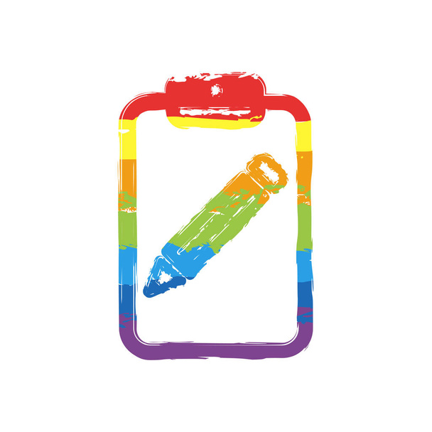 Tablet, pen en papier. Tekening bord met Lgbt stijl, zeven kleuren van regenboog (rood, oranje, geel, groen, blauw, indigo, violet - Vector, afbeelding