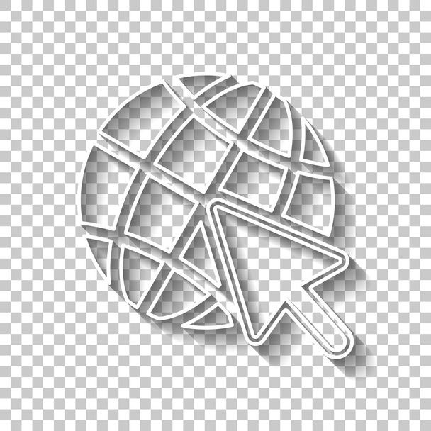 Globe en pijl pictogram. Witte contouren ondertekenen met schaduw op transparante achtergrond - Vector, afbeelding