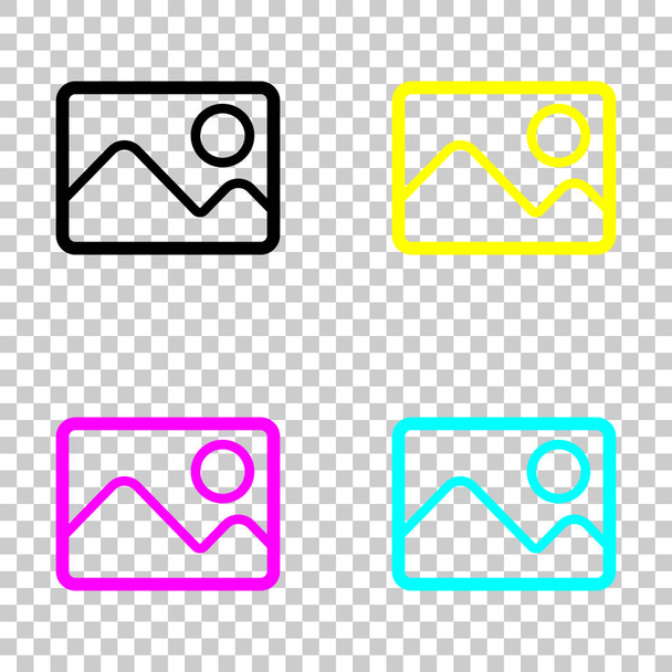 Bild mit ein paar Bergen und Sonne. einfaches lineares Symbol. farbige Reihe von Cmyk-Symbolen auf transparentem Hintergrund - Vektor, Bild