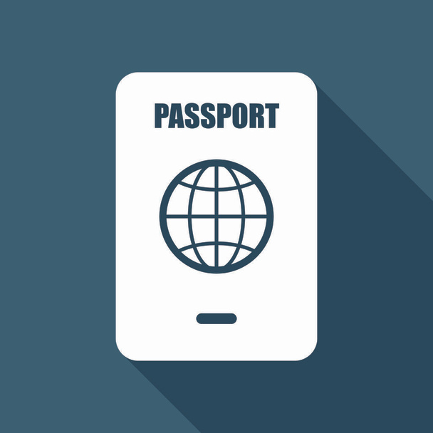 パスポート、シンプルなアイコンです。背景上の長い影のついた白いフラット アイコン - ベクター画像
