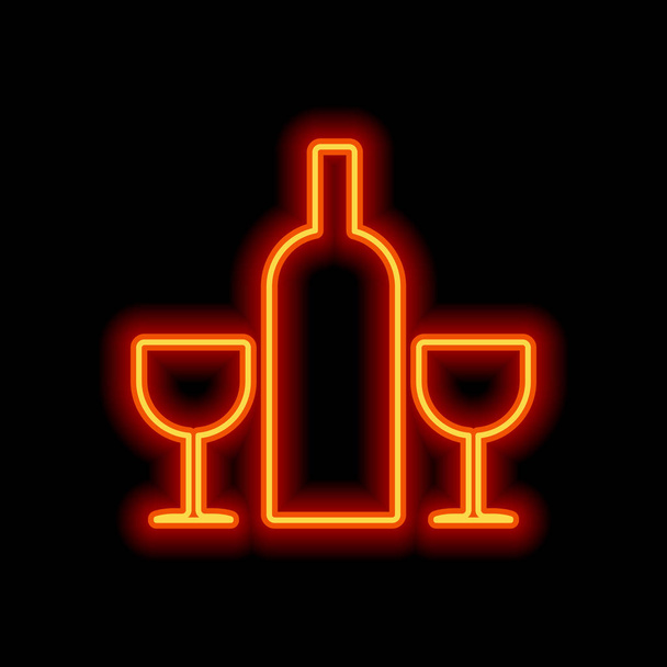 glasses and bottle. Orange neon style on black background. Light icon - Vector, Image