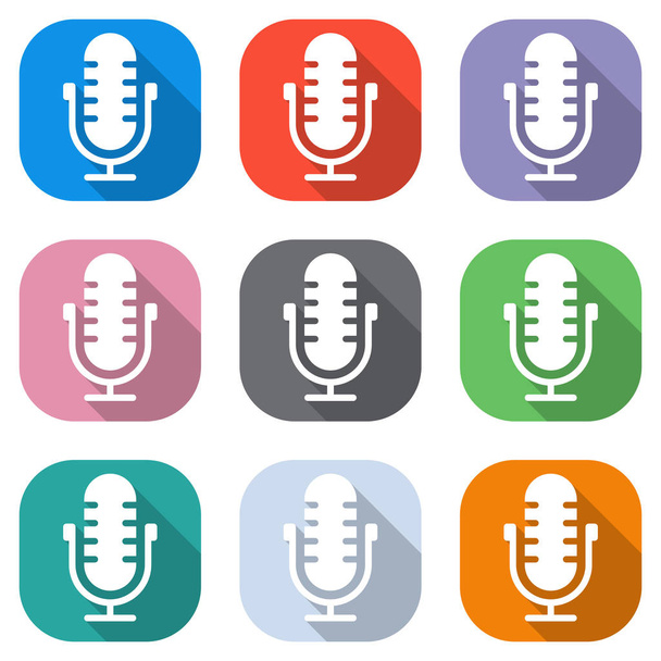 Simple microphone icon. Set of white icons on colored squares for applications. Seamless and pattern for poster - Vektor, kép