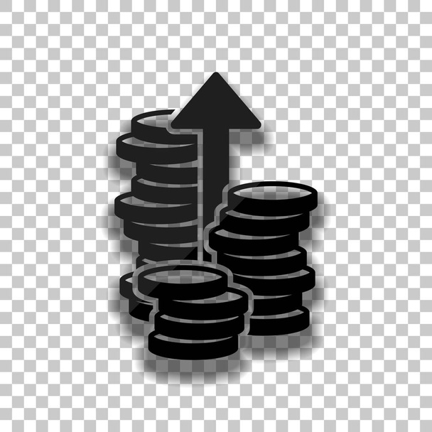 Monedas apiladas, finanzas creciendo, flecha arriba. Icono de vidrio negro con sombra suave sobre fondo transparente
 - Vector, imagen