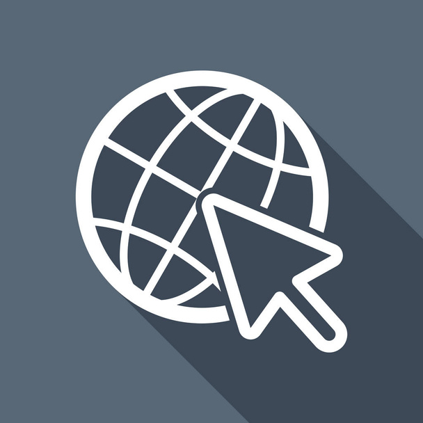 Globus und Pfeil-Symbol. weißes flaches Symbol mit langem Schatten auf dem Hintergrund - Vektor, Bild