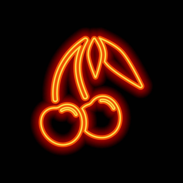 Silhouette der Kirsche mit Blättern, Ikone der Natur. orangefarbener Neonstil auf schwarzem Hintergrund. Lichtzeichen - Vektor, Bild