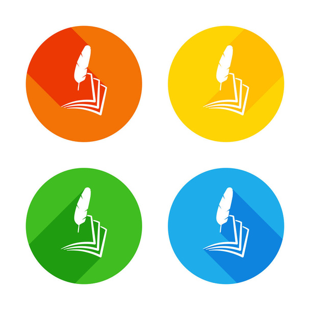 feather and paper. simple silhouette. Flat white icon on colored circles background. Four different long shadows in each corners - Vector, Image