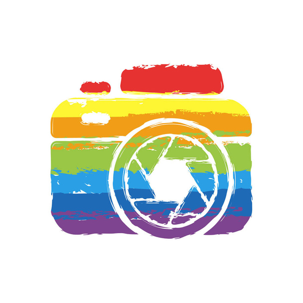 Photo camera with shutter, simple icon. Drawing sign with LGBT style, seven colors of rainbow (red, orange, yellow, green, blue, indigo, violet - Vector, Image