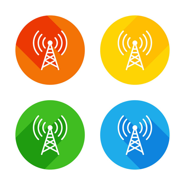 Radio tower icon. Linear style. Flat white icon on colored circles background. Four different long shadows in each corners - Vector, Image
