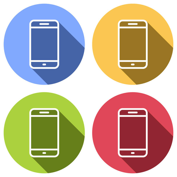 Egyszerű mozgatható telefon ikonra. Lineáris szimbólum, vékony vázlat. Sor, kék, narancssárga, zöld és piros színű körök hosszú árnyék fehér ikonok. Stílus matrica - Vektor, kép