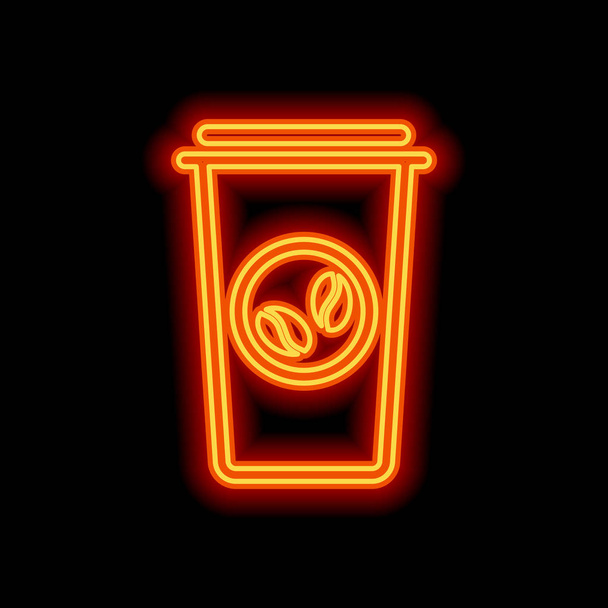 Кофейная чашка, кофе с собой. Простой линейный значок, тонкий контур. Оранжевый неоновый стиль на черном фоне. Ref-light
 - Вектор,изображение